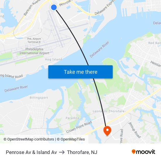 Penrose Av & Island Av to Thorofare, NJ map