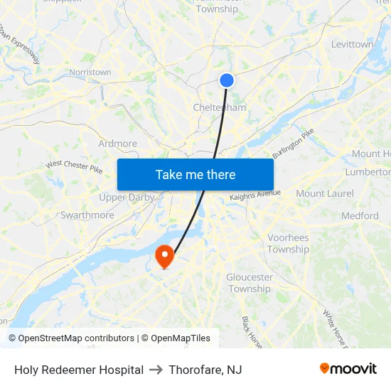 Holy Redeemer Hospital to Thorofare, NJ map
