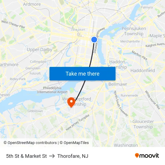 5th St & Market St to Thorofare, NJ map