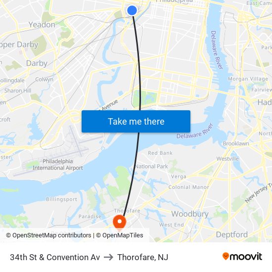 34th St & Convention Av to Thorofare, NJ map