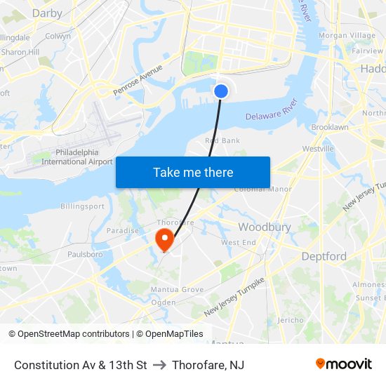 Constitution Av & 13th St to Thorofare, NJ map