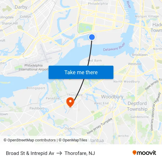 Broad St & Intrepid Av to Thorofare, NJ map