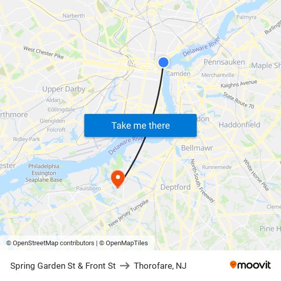 Spring Garden St & Front St to Thorofare, NJ map