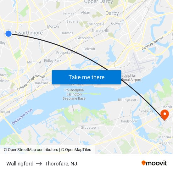 Wallingford to Thorofare, NJ map