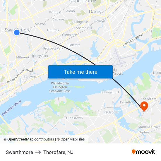 Swarthmore to Thorofare, NJ map