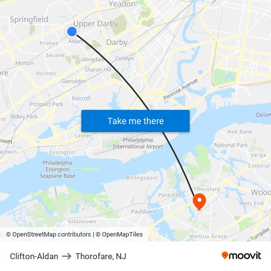 Clifton-Aldan to Thorofare, NJ map