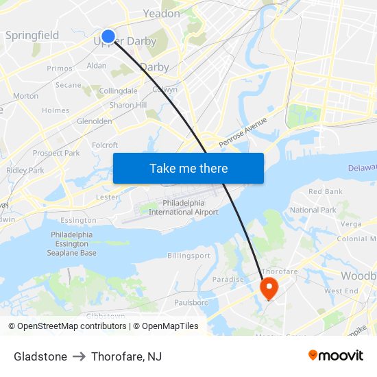 Gladstone to Thorofare, NJ map