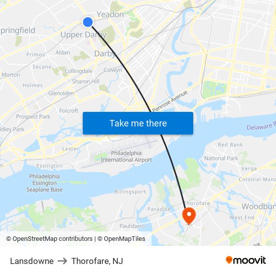 Lansdowne to Thorofare, NJ map