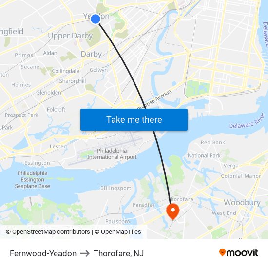 Fernwood-Yeadon to Thorofare, NJ map