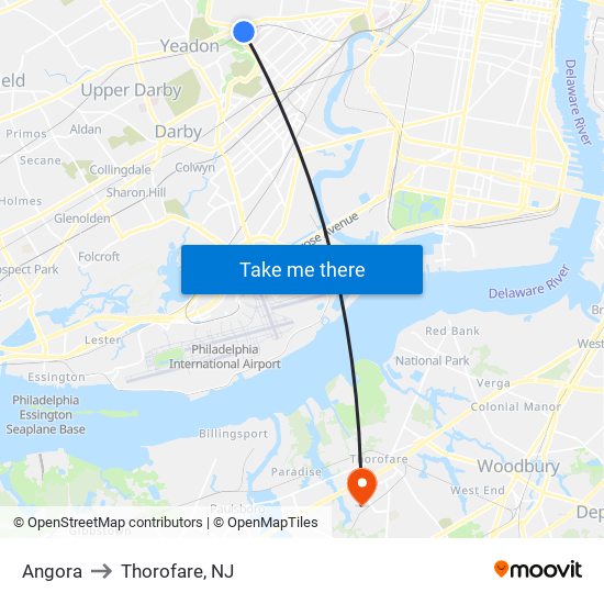 Angora to Thorofare, NJ map