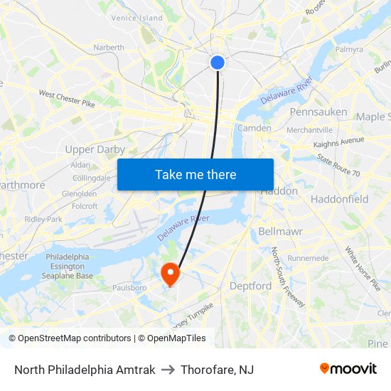 North Philadelphia Amtrak to Thorofare, NJ map