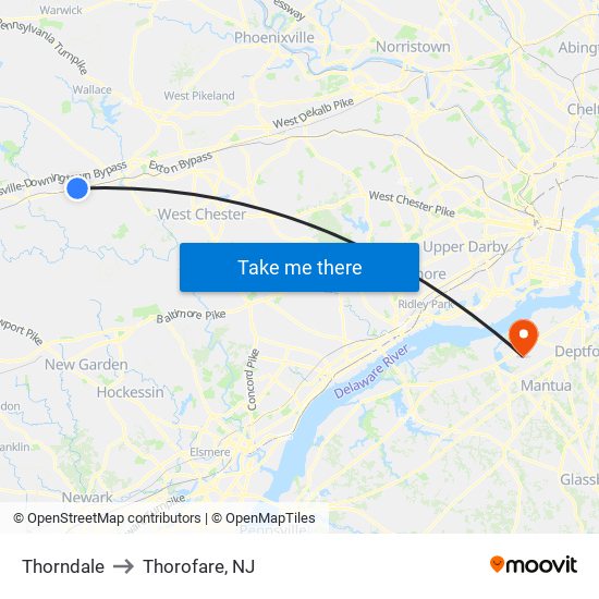 Thorndale to Thorofare, NJ map
