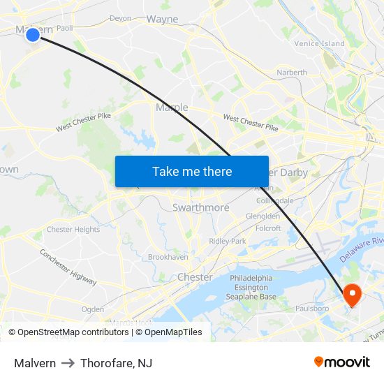 Malvern to Thorofare, NJ map