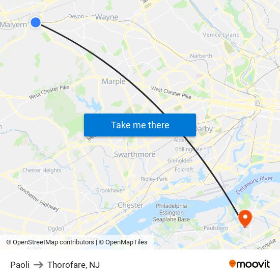 Paoli to Thorofare, NJ map
