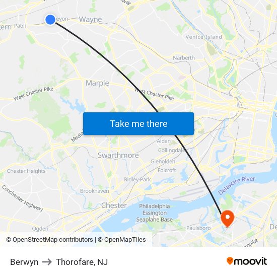 Berwyn to Thorofare, NJ map