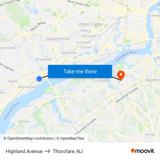 Highland Avenue to Thorofare, NJ map