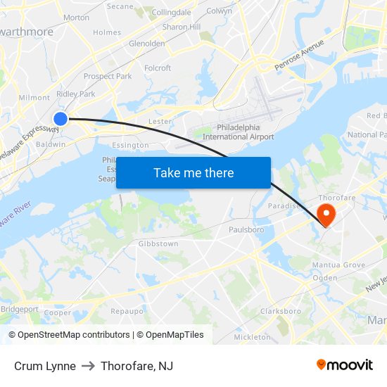 Crum Lynne to Thorofare, NJ map