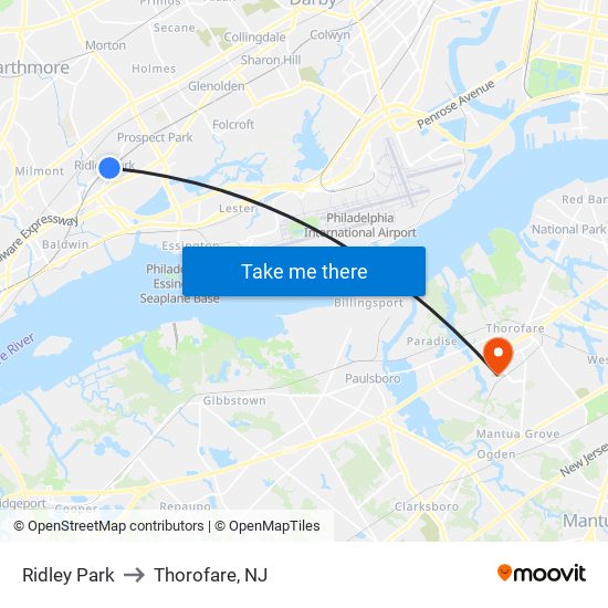 Ridley Park to Thorofare, NJ map