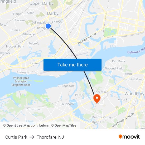 Curtis Park to Thorofare, NJ map