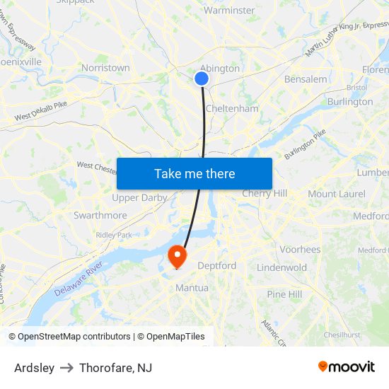 Ardsley to Thorofare, NJ map