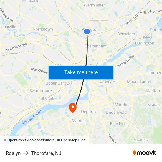 Roslyn to Thorofare, NJ map