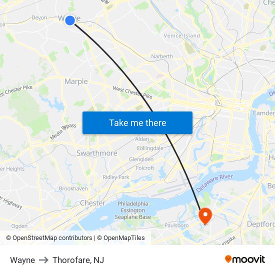 Wayne to Thorofare, NJ map