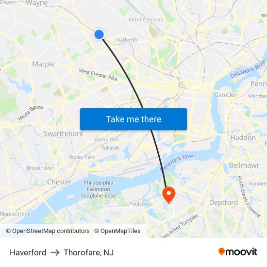 Haverford to Thorofare, NJ map