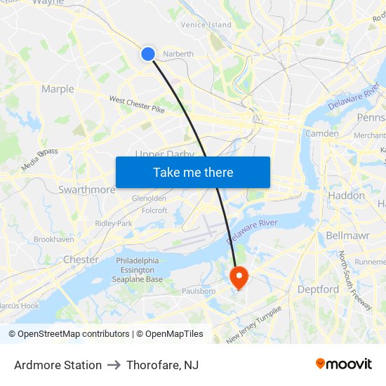 Ardmore Station to Thorofare, NJ map