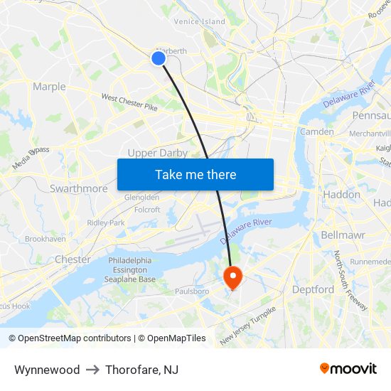 Wynnewood to Thorofare, NJ map
