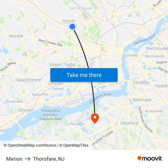 Merion to Thorofare, NJ map
