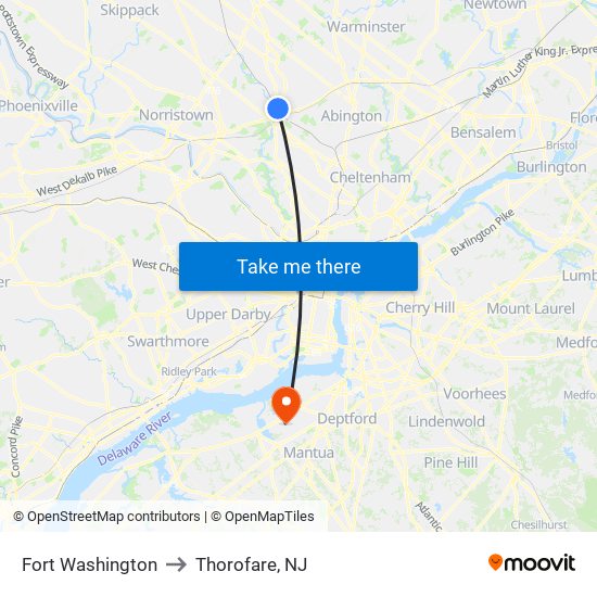 Fort Washington to Thorofare, NJ map