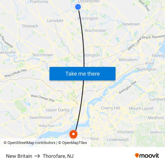 New Britain to Thorofare, NJ map