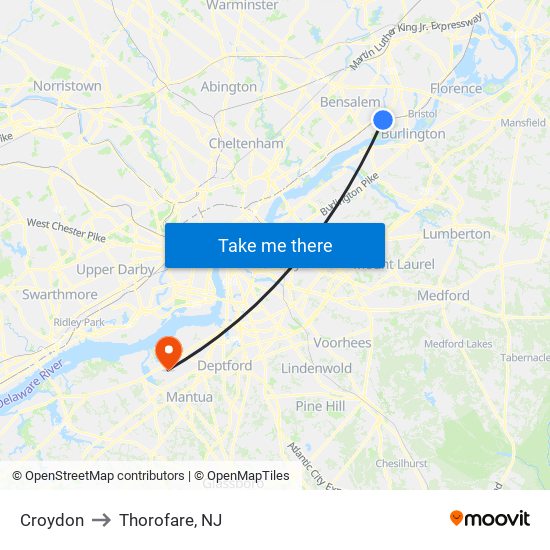 Croydon to Thorofare, NJ map