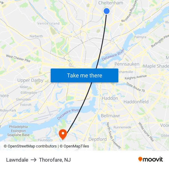 Lawndale to Thorofare, NJ map