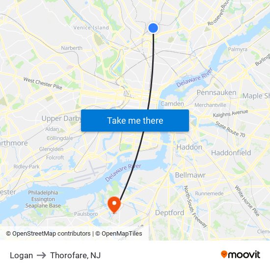 Logan to Thorofare, NJ map