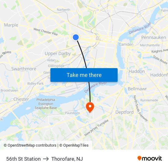 56th St Station to Thorofare, NJ map