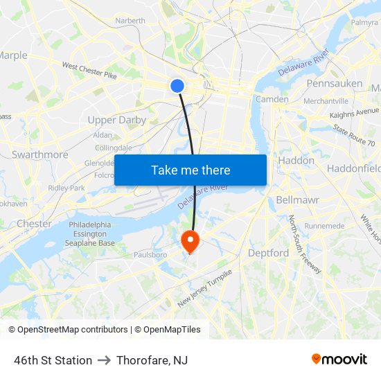 46th St Station to Thorofare, NJ map