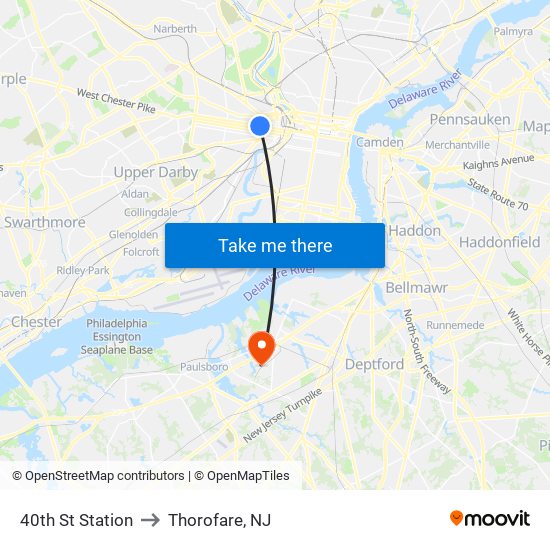 40th St Station to Thorofare, NJ map