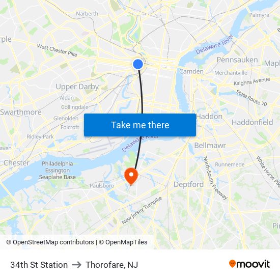 34th St Station to Thorofare, NJ map