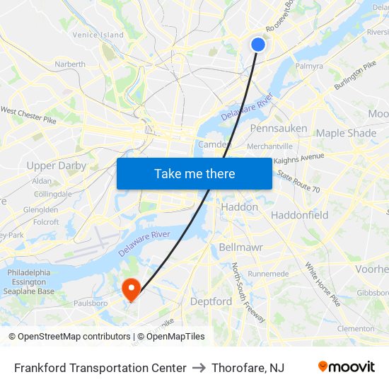 Frankford Transportation Center to Thorofare, NJ map