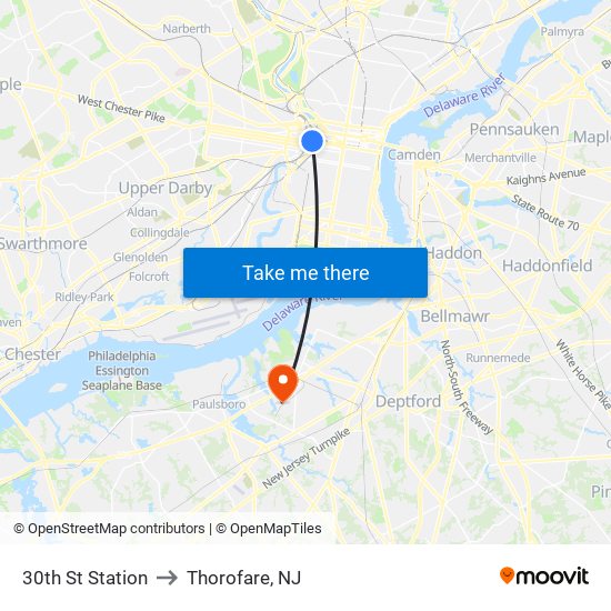 30th St Station to Thorofare, NJ map