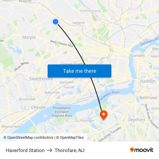 Haverford Station to Thorofare, NJ map
