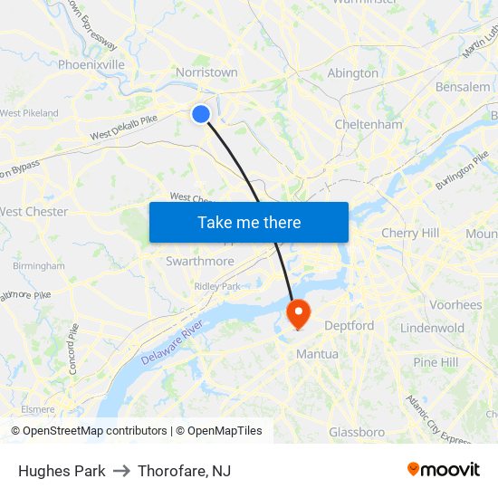 Hughes Park to Thorofare, NJ map