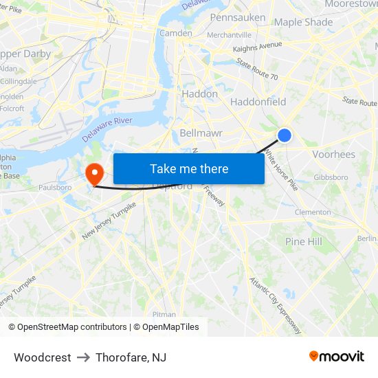 Woodcrest to Thorofare, NJ map