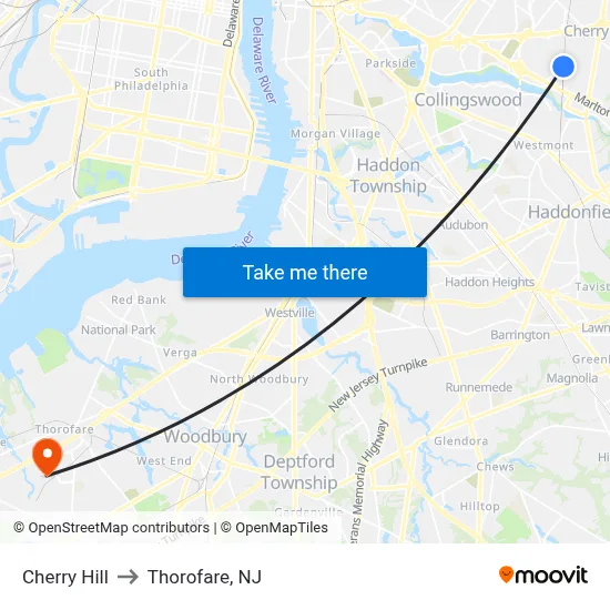 Cherry Hill to Thorofare, NJ map