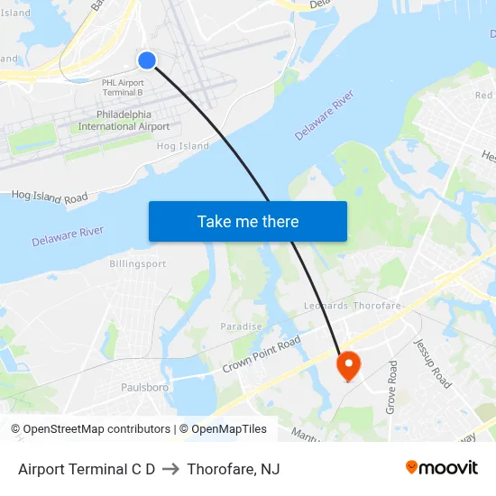 Airport Terminal C D to Thorofare, NJ map