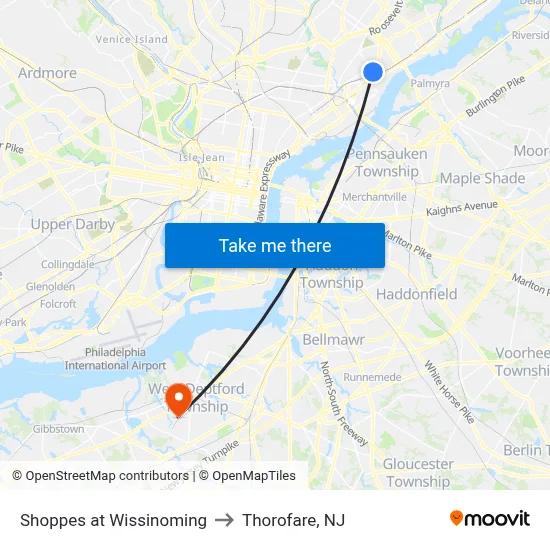 Shoppes at Wissinoming to Thorofare, NJ map