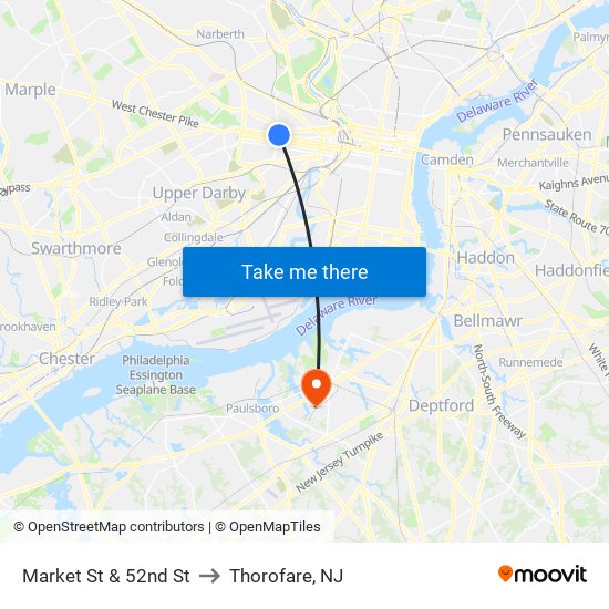 Market St & 52nd St to Thorofare, NJ map