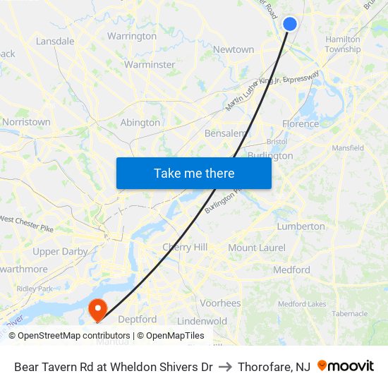 Bear Tavern Rd at Wheldon Shivers Dr to Thorofare, NJ map