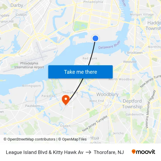 League Island Blvd & Kitty Hawk Av to Thorofare, NJ map